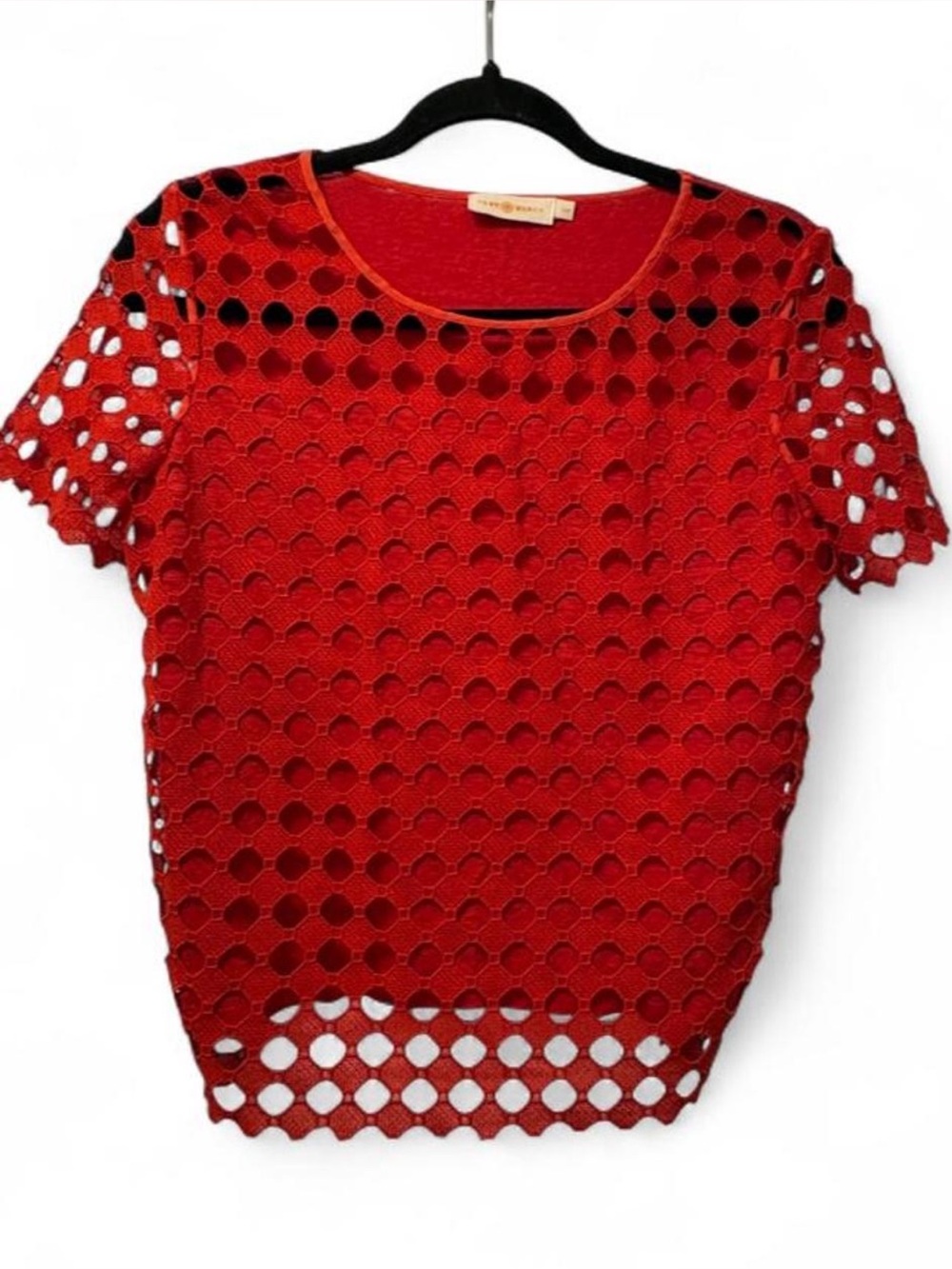 Tory Burch Red Crochet Short-Sleeve Top